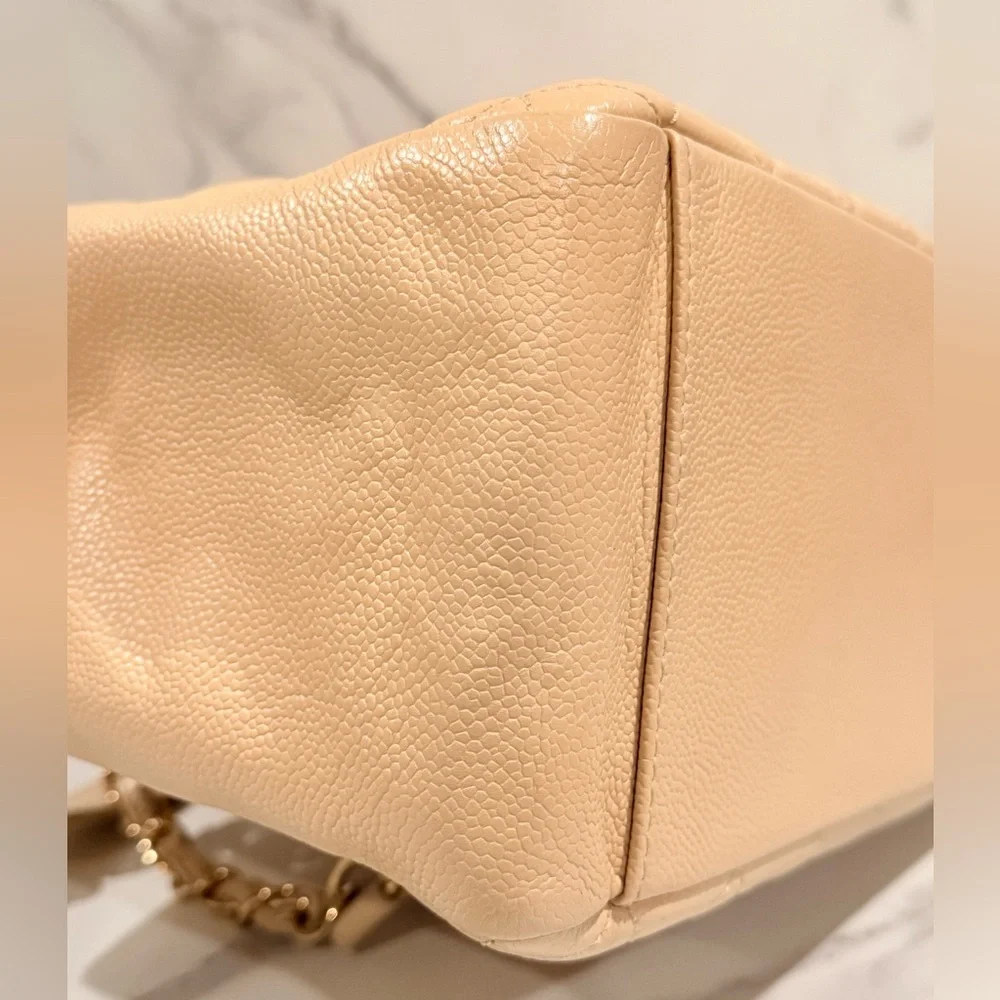 Authentic CHANEL Quilted Caviar GST large Tote in Beige with Gold Hardwar